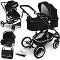 KIDUKU® Poussette Combinée 3 en 1 | Trio pour Enfants | Siége Auto Légère, Piable | Nacelle Souple Convertible | Set de Voyage (Noir)