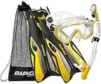 Phantom Aquatics Rapido Boutique Collection Clareza Three Window Tempered Glass Lens Mask Fin Snorkel Set with Snorkeling Gear Carry Bag, YL-SM, Yellow, s/m, US: 6-9 / EU: 38-42 (RPDCMFS-YL-SM_1)