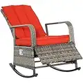 Outsunny Wicker Rocking Chair Outdoor Sofa Glider Rocker Patio Rattan Recliner Furniture with Soft Cushion, Adjustable Footrest, Red