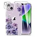OKP Clear Glitter Flower Case for iPhone 14 Plus for Women Girls (2022 Release), Slim Floral Pattern Apple Phone 6.7 inch Protective Case with Screen Protector & Camera Lens Protector, Purple Floral