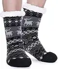 EBMORE Mens Slipper Fuzzy Socks Fluffy Winter Cabin Cozy Warm Soft Fleece Thick Comfy Home Grips Non Slip Socks Christmas White Elephant Gift Stocking Stuffers (Black Deer)