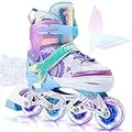 NEMONE Mermaid 4 Size Adjustable Inline Skates for Girls with 8 Light up Wheels, Purple Blue Blades Roller for Kids, Indoor Beginner Inliner Outdoor - Size Small(10C-13C US)