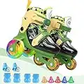 Kids Quad Roller Skate,Roller Skates for Girls Boys,with Adjustable Size&Double Brakes&Luminous Wheels&Protective Gear,3-Point Balance Roller Shoes for Beginners (Camouflage Green, S)