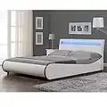 Corium Letto Imbottito Valencia” con Illuminazione LED (Bianco)(140x200cm) Letto Moderno/Similpelle/con Rete a doghe di Legno /