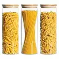 ComSaf Glass Pasta Storage Containers 74oz Set of 3, Spaghetti Jar with Airtight Bamboo Lid, Food Storage Canisters in Kitchen Pantry, Tall Sealing Glass Jar for Noodles Flour Cereal Coffee Beans