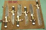 7 Pieces Damascus Steel Kitchen Knife Set, Custom Made Hand Forged Damascus Steel Full Tang Blade, Overall 70 inches Length of Damascus Sharp Knives, Cow Hide Suede Leather Sheath