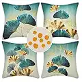 HomeStilez Juego de 4 Impermeables Fundas de Cojín Verde Azulado Cojines de Sofá Decorativos Ginkgo Biloba 45x45cm Hojas de Lino Funda de Almohada para Sofá Dormitorio Jardín al Aire Libre