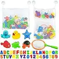 Bath Toy Holder Organizer Set - 2 Quick Dry Storage Net with Soft Foam Bathtub Letters & Number and Fish Net & Additional Suction Cups for Toddlers Kids Games Learning