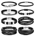UBGICIG 8 PCS Black Leather Bracelets for Men Stainless Steel Braided Leather Bracelet Wristband Cuff Bracelets Mens Jewelry with Clasp Closure