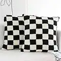 JOJUSIS Decorative Throw Pillow Covers Luxury Style Checkerboard Pattern Cushion Case Super Soft Faux Fur Wool Pillowcases for Couch Bedroom Pack of 2 (Black, 18 x 18-Inch)