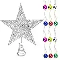 DECARETA Puntale Albero di Natale 20CM Punta Albero a Forma di Stella, Decorazione di Albero di Natale con Glitter, Set di Stella Puntale Albero con 12 Palline Albero di Natale da 3 cm (Argento)