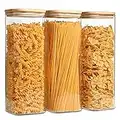 ComSaf Glass Spaghetti Pasta Storage Containers with Lids 71oz Set of 3, Tall Clear Airtight Food Storage Jar with Bamboo Lid for Noodles Flour Cereal Sugar Beans, Sqaure Spaghetti Pantry Container