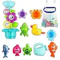 deAO Kids Bath Toy, Fun Flower Sprinkler Toy with Watering Can, Waterwheel and Colored Stacking Cups; Wind-Up Animal Bath Toys and Mesh Bath Toy Storage Bag