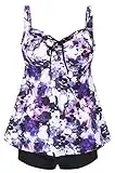 DANIFY Plus Size Swimsuit for Women Tankini Swimdress Tummy Control Swimwear Cover up Swim Dress Two Piece Bathing Suit, Purple White, 26