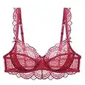 Women's Lace Balconette Bra Underwire Non-Padded Soft Cup Comfort Everyday Bras(Red,40D)