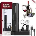 QSMYUYE Sacacorchos Eléctrico, USB Recargable Abridor de Vino Automatico Profesional 6 en 1 con Base, Cortacapsulas Botella, Vertedor de Vino, Tapón de Vino de Vacío