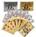 Joyoldelf Playing Cards, 2 Decks of 24k Playing Cards with Dollar Pattern, Waterproof Playing Cards & Flexible Poker with Box - Classic Magic Tricks Tool for Party and Game, 1 Gold + 1 Silver