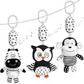 Black and White Stroller Toy, 3pcs Plush Animal Baby Hanging Rattle Toys Built-In Wind Chimes, Sound Paper, Bb Device, Sensory Educational Toy for Babies Boys and Girls from 0 - 12 Months