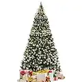 GOFLAME 9ft Snow Sprayed Christmas Tree, Pre-lit Xmas Tree w/ 900 LED Lights, Hinged Branches & Metal Stand, Holiday Festival Artificial Tree for Indoor Decoration