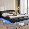 DICTAC Queen Led Bed Frame Modern Faux Leather Upholstered Platform Bed Frame Queen Size with RGB LED Lights and Headboard Wave Like Curve Low Profile Bed Frame,Wood Slats Support,Easy Assembly,Black