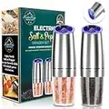 Electric Gravity Salt and Pepper Grinder set of 2, Automatic Salt and Pepper Mill Grinder, Adjustable Roughness, Battery Powered, Blue LED Light, Stainless Steel with One Hand Operation (Sliver)