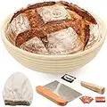 10" Round Bread Banneton Proofing Basket for Sourdough, Rising Dough Baking Bowl Kit, Gifts for Artisan Bread Making Starter, Includes Linen Liner, Metal Dough Scraper, Scoring Lame & Case, 5 Blades