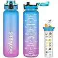 GOPPUS 32oz Kids Motivational Water Bottle with Time Marker Fruit Infuser 10pcs stickers Spout Lid One-click Leak-proof BPA Free Non-Toxic 1L Bottles for Girls School Women Fitness Gym Outdoor Sports