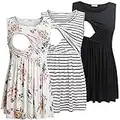 Bearsland Women's Maternity Nursing Tank Tops Sleeveless Scoop Neck Breastfeeding Clothes, Black&White Stripe&White Flower,M