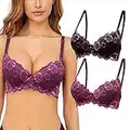 SHEKINI Soutien Gorge Push Up en Dentelle Soutien-Gorge avec Armatures Coussinet Rembourré Fixe Bretelles Réglables Confort T-Shirt Bra 2 Pièces（Noir-Violet,100B）