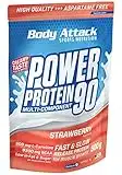 Body Attack Power Protein 90, Fragola, 1 kg, 5K proteine in polvere con proteine del siero di latte, L-carnitina e BCAA per la costruzione muscolare e il fitness.