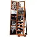 Multigot 3-in-1 Jewellery Cabinet, Lockable Jewelry Armoire with Mirror and Storage Shelves, Floor Standing Cosmetics Jewellery Organizer for Earring Ring Necklace Cosmetics(360° Swivel Brown)