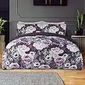 Sleepdown Duvet Cover Set - Purple - Inky Floral – Plain Reversible Quilt Cover Easy Care Bed Linen Soft Cosy Bedding Sets with Pillowcases - Double (200cm x 200cm)