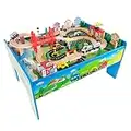 Wooden Train Set Table for Kids, Deluxe Had Painted Wooden Set with Tracks, Trains, Cars, Boats, and Accessories for Boys and Girls by Hey! Play!