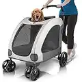 Poussette pour grand animal de compagnie - Pour 2 chiens - Respirante - Avec 4 roues et espace de rangement - L'animal peut facilement marcher/sortir - Jusqu'à 55 kg