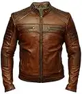 Chaqueta de piel envejecida marrón encerada para motociclista Cafe Racer retro vintage para hombre, marrón, XXXL