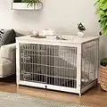Piskyet Wooden Dog Crate Furniture with Divider Panel, Dog Crate End Table with Fixable Slide Tray, Double Doors Dog Kennel Indoor Furniture Style, Pet Crate Table for Medium Dogs-White, 38*25*26.5''