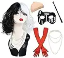 Zivyes Cruella Deville Costume Women Halloween Costumes Black and White Wig Red Gloves Necklace Mask Costume Holder