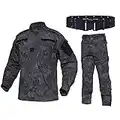 QMFIVE Combat Tactique, Camouflage Camouflage pour Hommes Combat BDU Veste Chemise et Pantalon avec Ceinture Uniforme Guerre Jeu Armée Militaire Paintball Airsoft Chasse Tir Camo