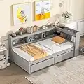 Harper & Bright Designs Twin Bed with Storage Drawers and L-Shaped Bookcases, Solid Wood Platform Bed with Headboard, Full Size Daybed Sofa Bed Frame for Bedroom Living Room, Gray