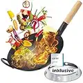 Flavemotion Wok [VOREINGEBRANNT]+ Wokring für Induktion, E-Herd (Flacher Boden, 30 cm) handgehämmerte Wokpfanne aus Karbonstahl inkl. Wokring zum Abstellen