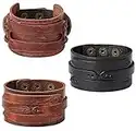 FINREZIO 3 Pcs Leather Cuff Bracelets for Men Women Punk Rock Braided Bracelet Warp Brown Black Wristbands Handmade Jewelry