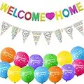 Juego de Pancartas y Globos Welcome Home de 26 Piezas Incluye 24 Globos Tropicales Welcome Home, Banner Brillante Welcome Home, 12 Banderas de Banderines para Decoración de Hogar Fiesta Familiar