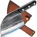 ENOKING Serbian Chef Knife 6.7 Inch Meat Cleaver Forged Chef Butcher Knife Full Tang Kitchen Knives, Set with Leather Sheath for Home, Outdoor Cooking, Camping, BBQ (Black Handle Upgraded)