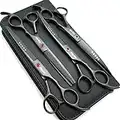 7.0in Titanium Black Professional Pet Grooming Scissors Set,Straight & Thinning & Curved Scissors 4pcs Set for Dog Grooming,(Black)
