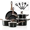 Induction Kitchen Cookware Sets - 15 Piece Hammered Granite Cooking Pans Set Black Nonstick Pots and Pans Set