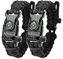 A2S Protection Paracord Bracciale K2-Peak - Kit Attrezzi di Sopravvivenza con Bussola incorporata, Dispositivo antincendio, Coltello d'emergenza e Fischietto (Nero/Nero Dimensione Regolabile)