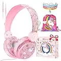 QearFun Unicorn Headphones for Girls Kids for School, Kids Wired Headphones with Microphone & 3.5mm Jack, Teens Toddlers Noise Cancelling Headphone with Adjustable Headband for Tablet/Smartphones