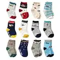 12 Pairs Baby Socks for Boys Cotton Socks Non Skid Grips Socks, Toddler Boy Anti Slip Ankle Socks for Kids Boys (6-12 Months, 12 Pairs Plane & Car)