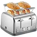 Toaster 4 Slice, Extra Wide Slots, Stainless Steel with High Lift Lever, Bagel and Muffin Function, Removal Crumb Tray, 7-Shade Settings with Warming Rack, Silver, Yabano