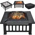 Yaheetech Multifunctional Fire Pit Table 32in Square Metal Firepit Stove Backyard Patio Garden Fireplace for Camping, Outdoor Heating, Bonfire and Picnic